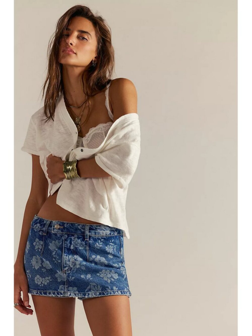We The Free Floral Indigo Denim Mini Skort - Blue